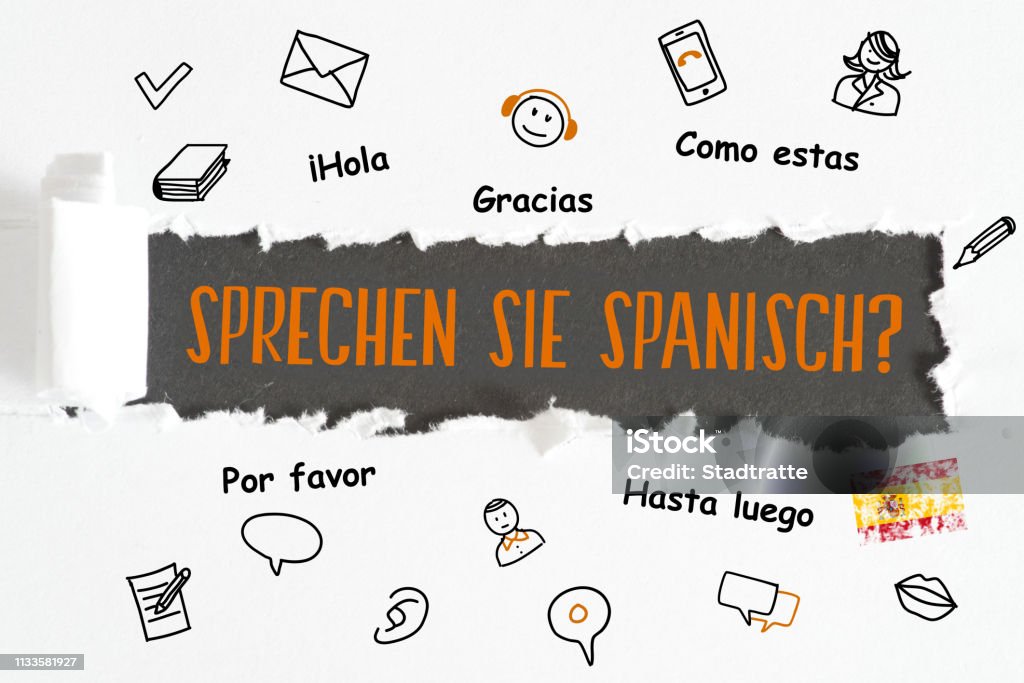 A piece of paper and question Speak Spanish A sheet of paper and question Speak Spanish Alphabet Stock Photo