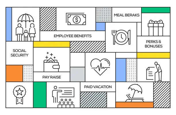 Vector illustration of Employee Benefits Concept. Geometric Retro Style Banner and Poster Concept with Employee Benefits Line Icons