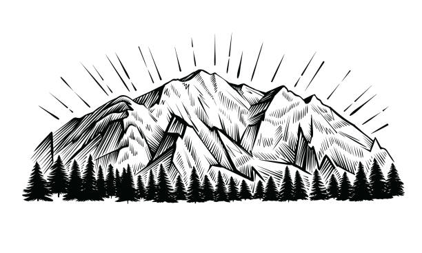 иллюстрация стиля гравировки горного вектора. - mountain rock sun european alps stock illustrations