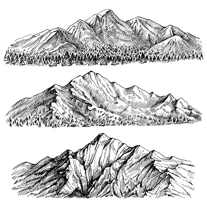 Mountains chains vector hand drawn landscape. Ridge and ranges with forest panoramic view. Isolated sketches on white background.