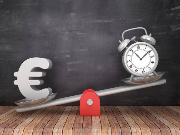 escala de seesaw con la señal y el reloj del euro en fondo de la pizarra-renderizado 3d - time makes money fotografías e imágenes de stock