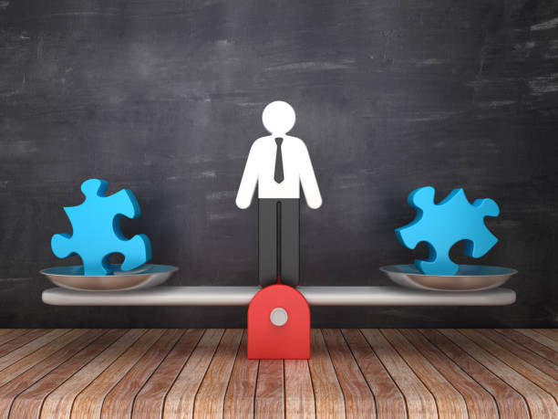 качели шкала с jigsaw куски и пиктограмма бизнес-символ на доске фон - 3d rendering - figurine puzzle people business стоковые фото и изображения