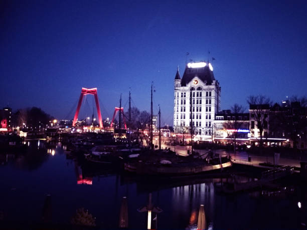 illuminated port of Rotterdam seen at night.
