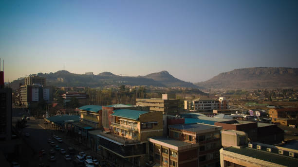 Aerial panorama view to Maseru, capital of Lesotho stock photo