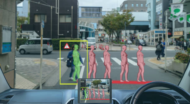 istock smart artificial intelligence in autonomous car with self driving technology concept, the car use predicting pedestrain movement in 3d for driverless car for understand a person will does next 1133584701