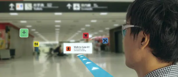 smart technology in industry mobile 4.0 or 5.0 concept , user use smart glasses with augmented mixed virtual reality technology in real 3d for show the map,shop,  and walk way path to gate in airport