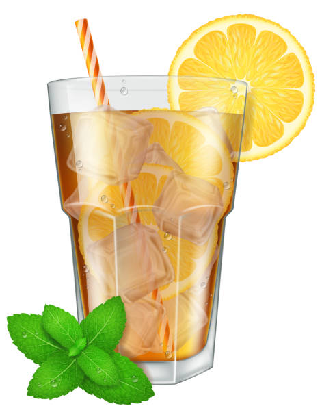 레몬, 얼음 조각 및 민트와 아이스 티의 유리. - mint tea lemon tea leaves glass stock illustrations