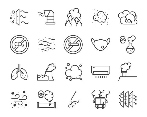 ilustraciones, imágenes clip art, dibujos animados e iconos de stock de sistema de los iconos de la contaminación atmosférica, por ejemplo, humo, polvo, gas, industria, p.m. 2,5 - pollution