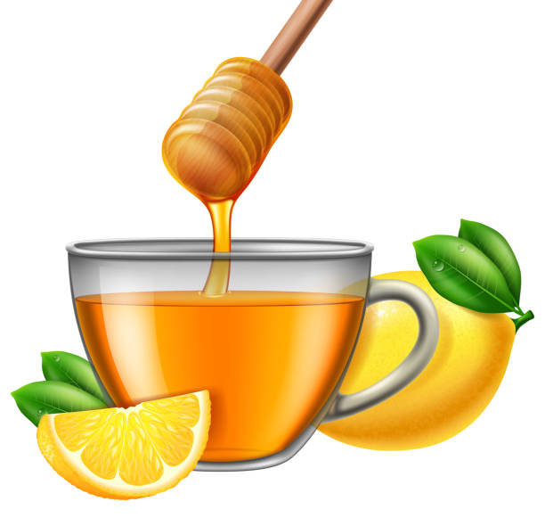 Glass cup of tea with honey and lemon. vector art illustration