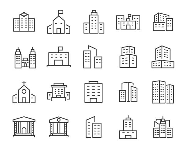 set of buiding icons, such as city, apartment, condominium, town set of buiding icons, such as city, apartment, condominium, town headquarters stock illustrations