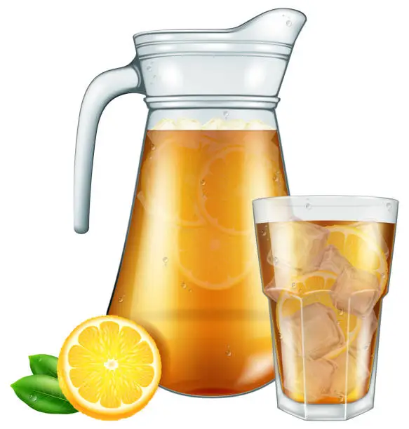 Vector illustration of Jar and glass of ice tea with lemon.