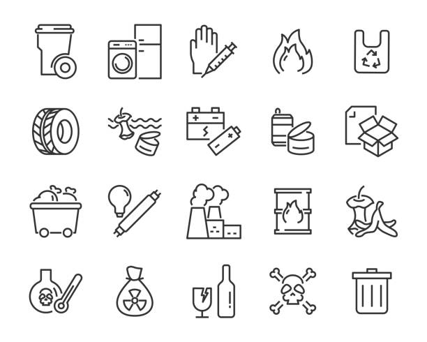 set of waste icons, such as garbage, pollution, dirty, trash, industry set of waste icons, such as garbage, pollution, dirty, trash, industry harm stock illustrations