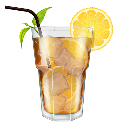 Glass of ice tea with lemon, ice cubes and tea leaves. Vector illustration.