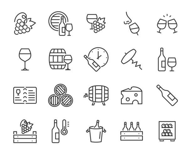 zestaw ikon wina, takich jak winogrona, ser, beczka, butelka, szkło - wine cork white wine grape stock illustrations