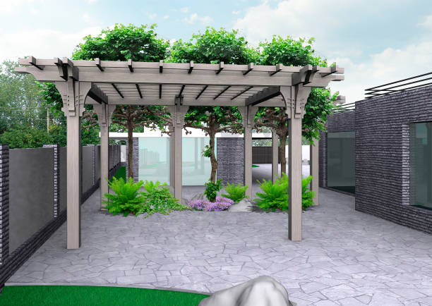 patio de maison et fond horticole, rendu 3d - building activity home decorating architecture three dimensional shape photos et images de collection