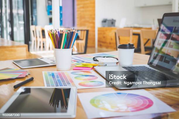 Graphic Designer Object Tool And Color Swatch Samples At Workspace Stock Photo - Download Image Now