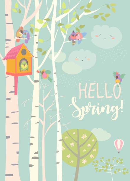 ilustrações de stock, clip art, desenhos animados e ícones de birch tree and birdhouse with little birds in spring forest - happy bird