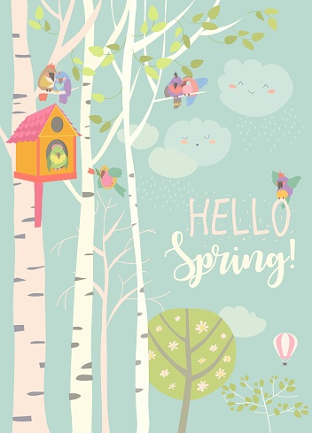 Birch tree and birdhouse with little birds in spring forest. Vector illustration