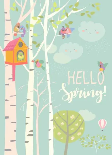 Vector illustration of Birch tree and birdhouse with little birds in spring forest