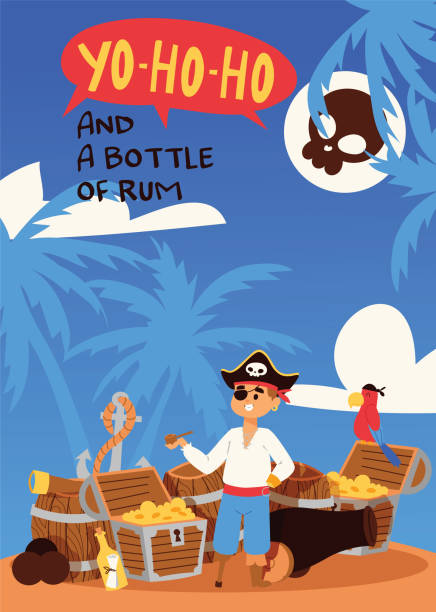 illustrazioni stock, clip art, cartoni animati e icone di tendenza di vettore piratico pirateria petto e bandiera teschio sfondo pirata carattere bucaniere uomo illustrazione sfondo di pirati segni sfondo avventura sull'isola - buccaneer