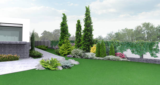 istock Estate landscape design, planting of greenery, 3D render 1133588874