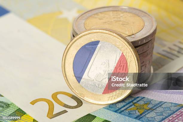 Euro Notes And Coins And Flag Of France Stock Photo - Download Image Now - France, Gross Domestic Product, Banking