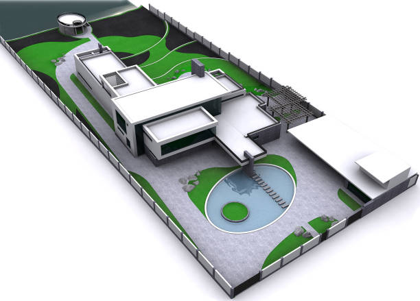 Minimalist modern estate aerial view master plan, 3D rendering