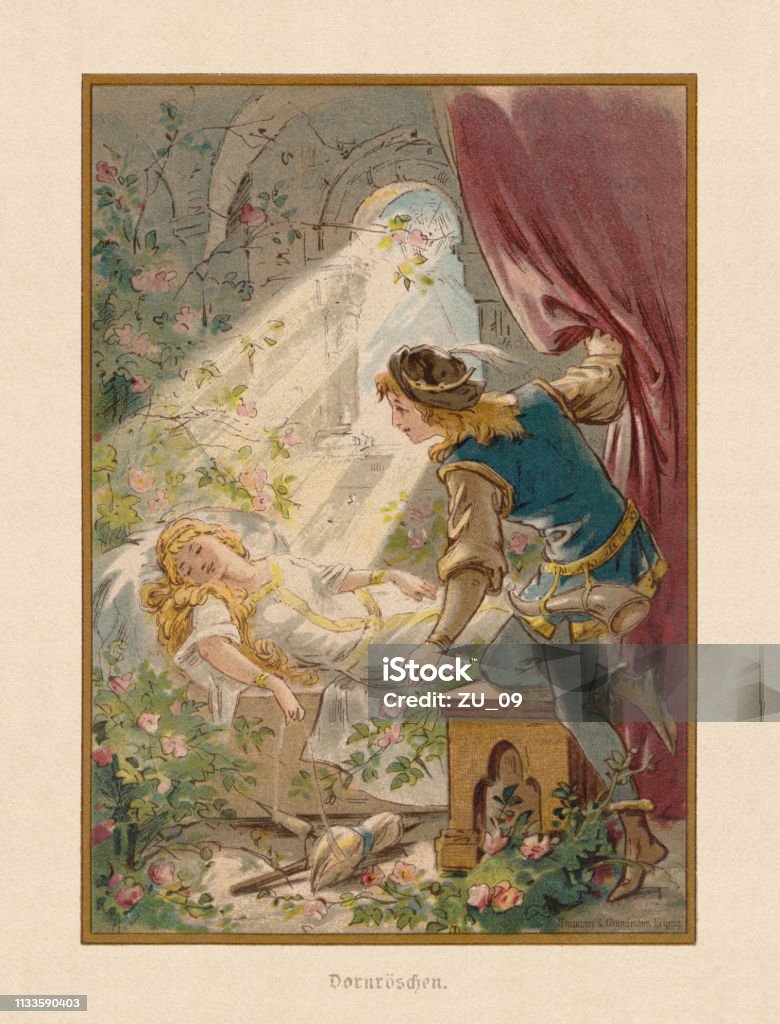 Fairy tale "Sleeping Beauty", chromollithograph, published in 1898 Sleeping Beauty (German: "Dornröschen"). A fairy tale originally published by Charles Perrault and later written down by Jacob and Wilhelm Grimm. Chromolithograph after a drawing by Thekla Brauer, published in 1898. Fairy Tale stock illustration