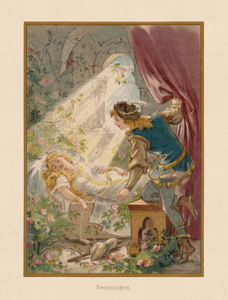 Fairy tale "Sleeping Beauty", chromollithograph, published in 1898 Sleeping Beauty (German: "Dornröschen"). A fairy tale originally published by Charles Perrault and later written down by Jacob and Wilhelm Grimm. Chromolithograph after a drawing by Thekla Brauer, published in 1898. brothers grimm stock illustrations