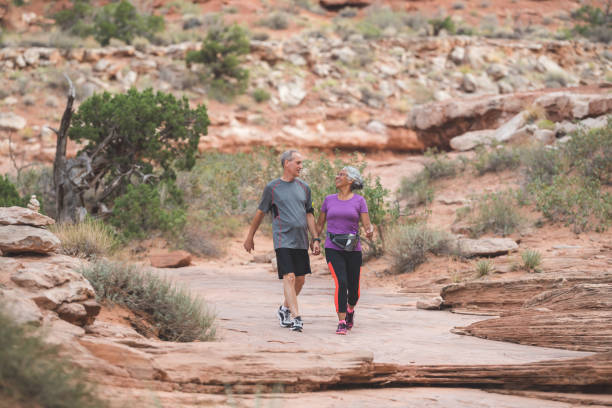 Senior couple hiking in the desert