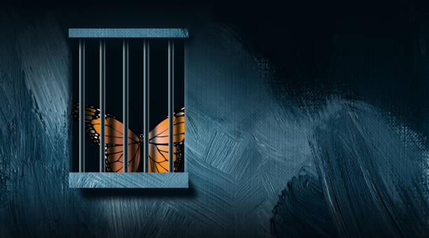 graficzny motyl i więzienne bary abstrakcyjne tło - shut in stock illustrations