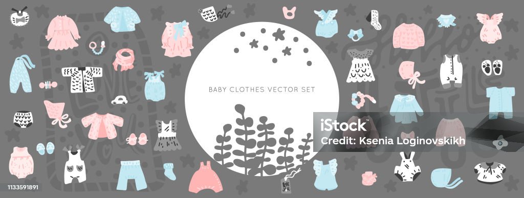 Sumilars_25 different shapes Newborn Baby vintage clothes vector set. Classic Boho apparel for infants - icons. 
Illustration made in doodle style, colourful background.Vector Horizontal header web template. Baby Bib stock vector