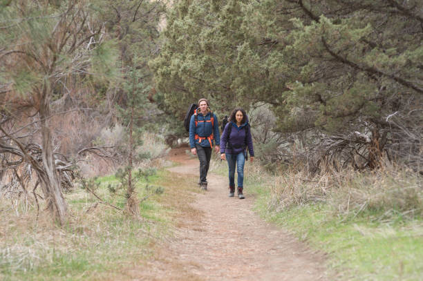 istock Two friends backpack along a dry wilderness trail together 1133591904