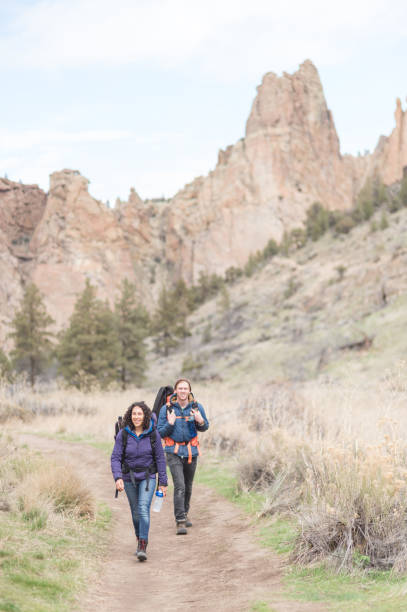 istock Two friends backpack along a dry wilderness trail together 1133591936