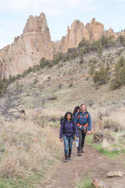 istock Two friends backpack along a dry wilderness trail together 1133591942