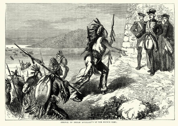 ilustraciones, imágenes clip art, dibujos animados e iconos de stock de llegada de guerreros nativos americanos al campamento francés - allied forces illustrations