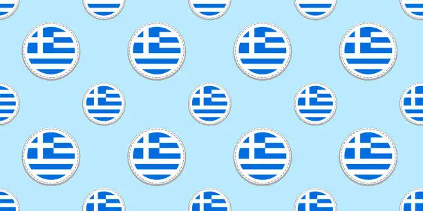 Vector illustration of Greece round flag seamless pattern. Hellenic background. Vector circle icons. Geometric symbols stickers. Texture for sports pages, games, travelling design elements. patriotic wallpaper.