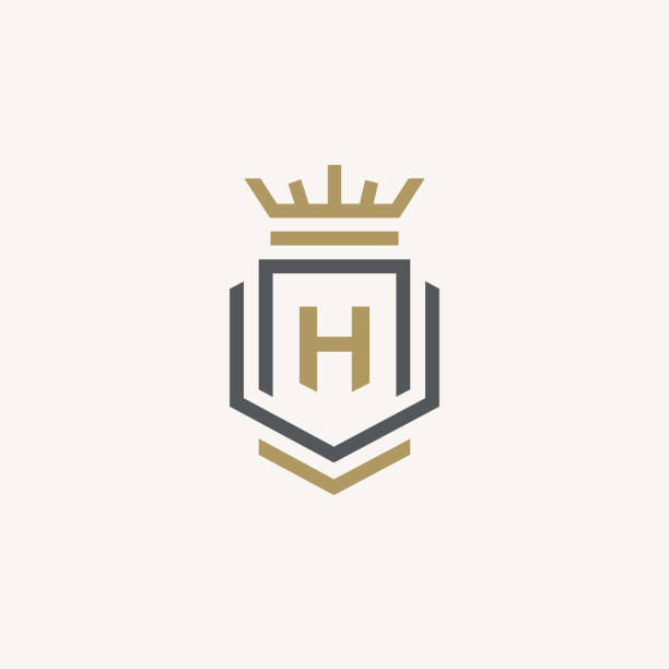 ilustraciones, imágenes clip art, dibujos animados e iconos de stock de letra heráldica h monograma. diseño de logotipo minimalista y elegante. letra h + corona + libro + escudo. - escudo de armas