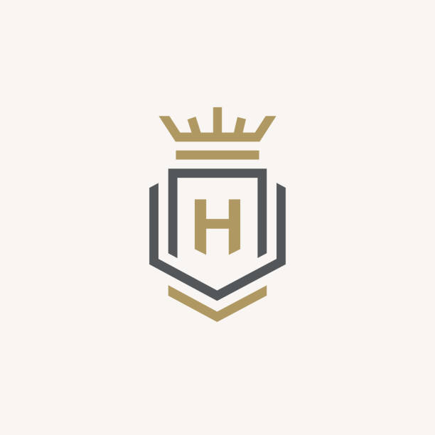 heraldic harfi h monogram. zarif minimal logo tasarımı. mektup h + crown + kitap + shield. - amblem illüstrasyonlar stock illustrations