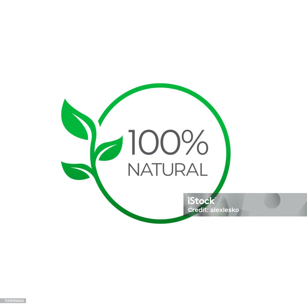 100% natural, round label green stamp. Natural product symbol, vector illustration isolated on white background - Royalty-free Folha arte vetorial