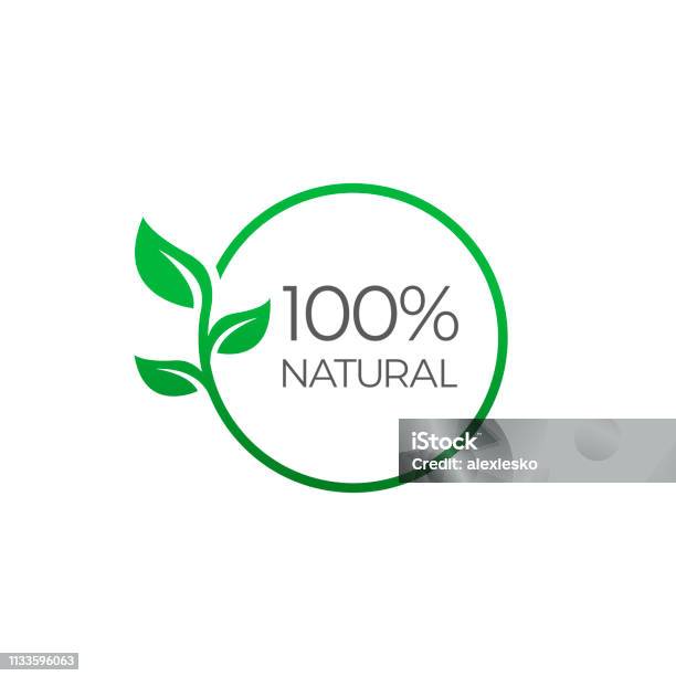 100 Natural Round Label Green Stamp Natural Product Symbol Vector Illustration Isolated On White Background - Arte vetorial de stock e mais imagens de Folha