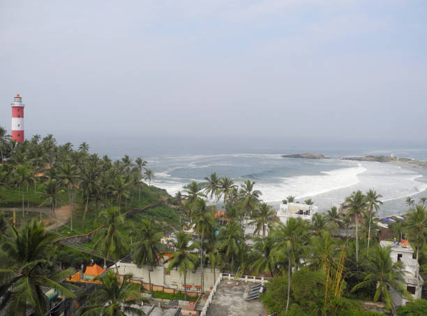 Sea, palm trees and lighthouse, Kerala, Trivandrum, Kovalam