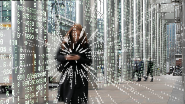 Business woman in a digital matrix environment. stock photo