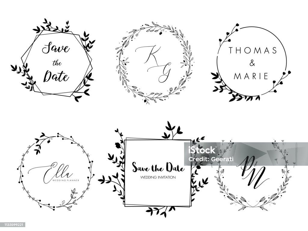 Wedding invitation floral wreath minimal design. Vector template with flourishes ornament elements. Border - Frame stock vector