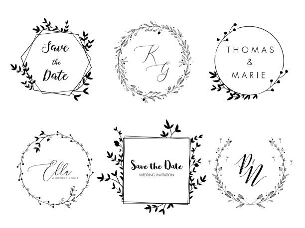 Wedding invitation floral wreath minimal design. Vector template with flourishes ornament elements. Wedding invitation floral wreath minimal design. Vector template with flourishes ornament elements. circle borders stock illustrations
