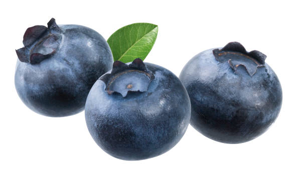 Blueberries Three blueberries with leaf, isolated amerikanische heidelbeere stock pictures, royalty-free photos & images