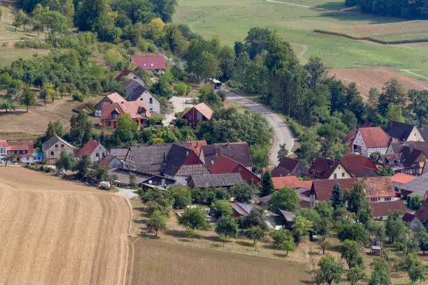 aerial view showing a village named Baechlingen near Langenburg in Hohenlohe, a area in Southern Germany at late summer time