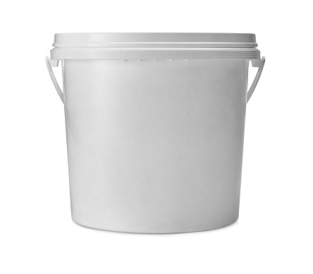 plastic bucket with plat nourishment isolated on white