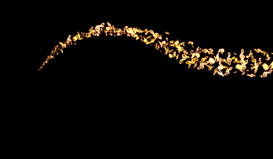 golden swirl of music notes and glitter on black background