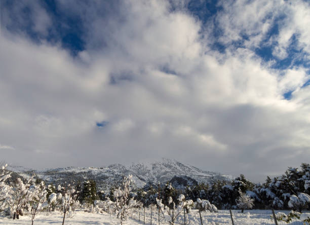 istock Panoramic view of snow covered mountain Dirfys and sky with clouds on a sunny day on the island of Evia, Greece 1133603061